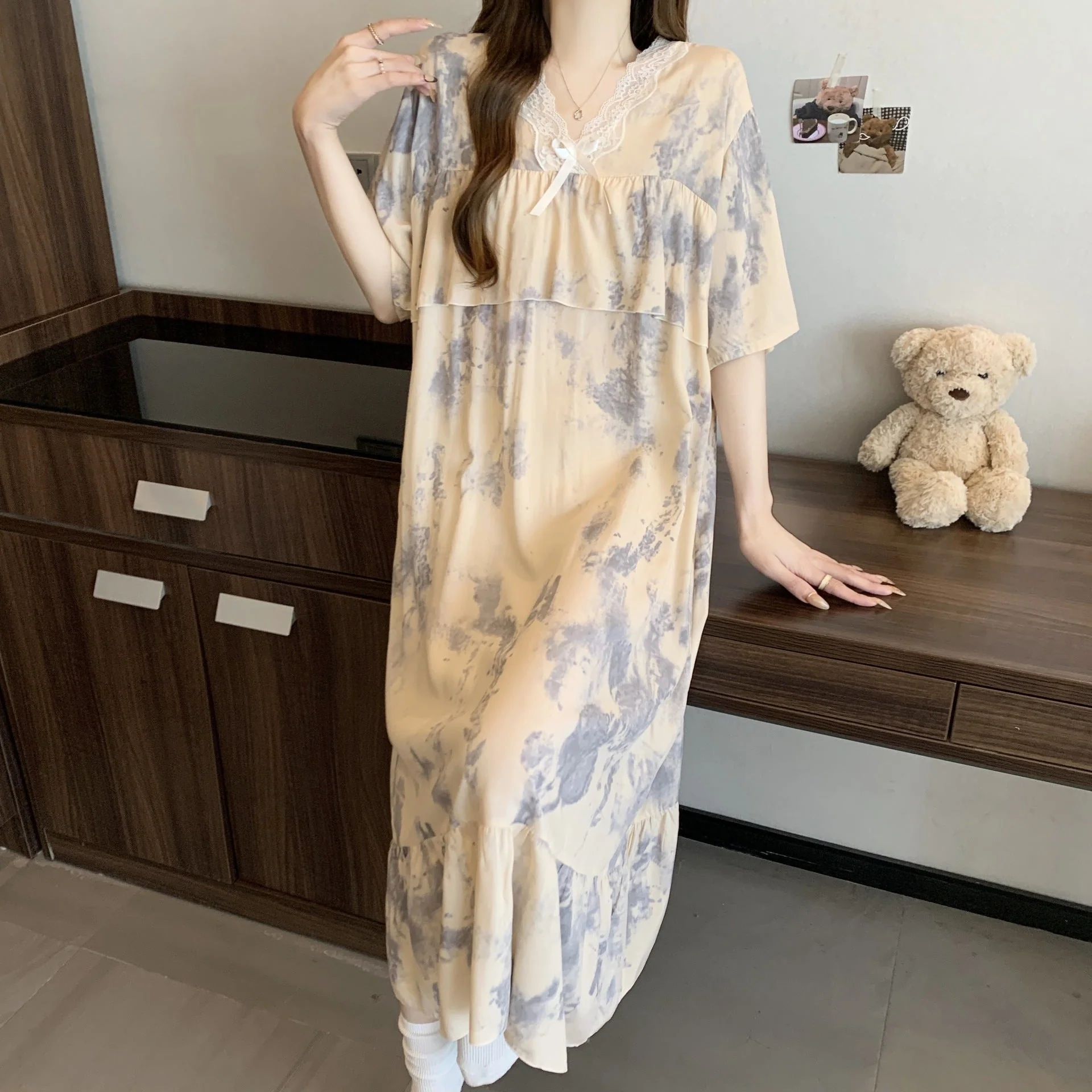 The Soft Breeze | Solid Color Cotton-Silk V-Neck Long Pajama Dress - Image 13