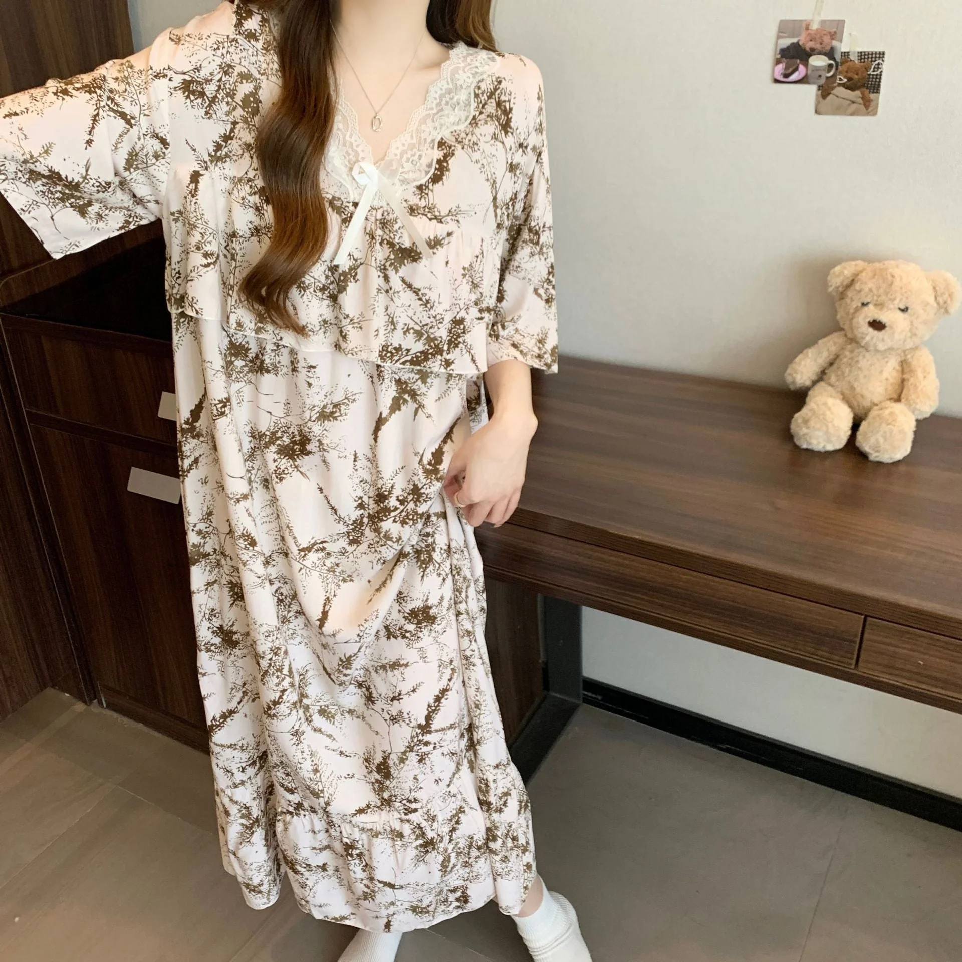 The Soft Breeze | Solid Color Cotton-Silk V-Neck Long Pajama Dress - Image 14