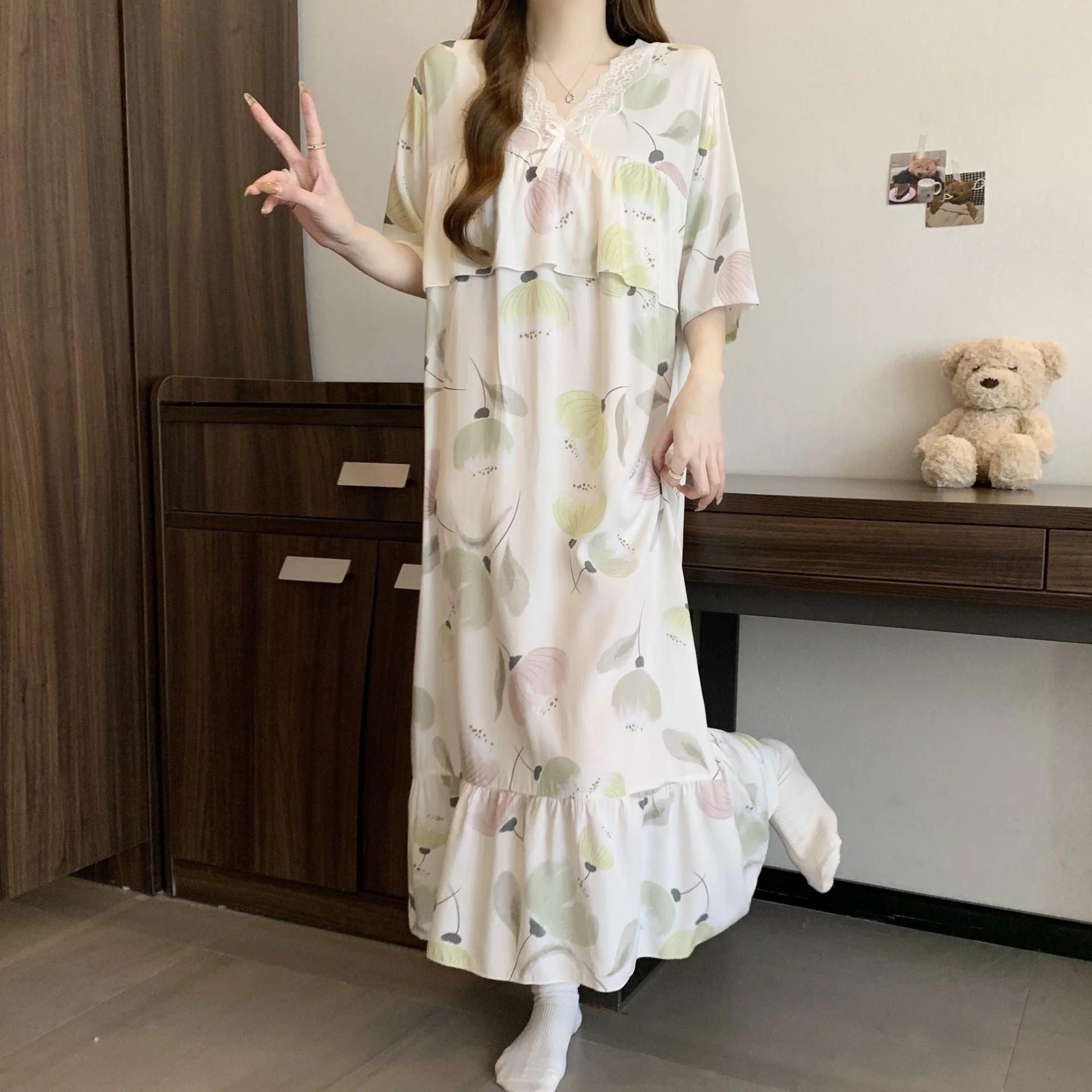The Soft Breeze | Solid Color Cotton-Silk V-Neck Long Pajama Dress - Image 15