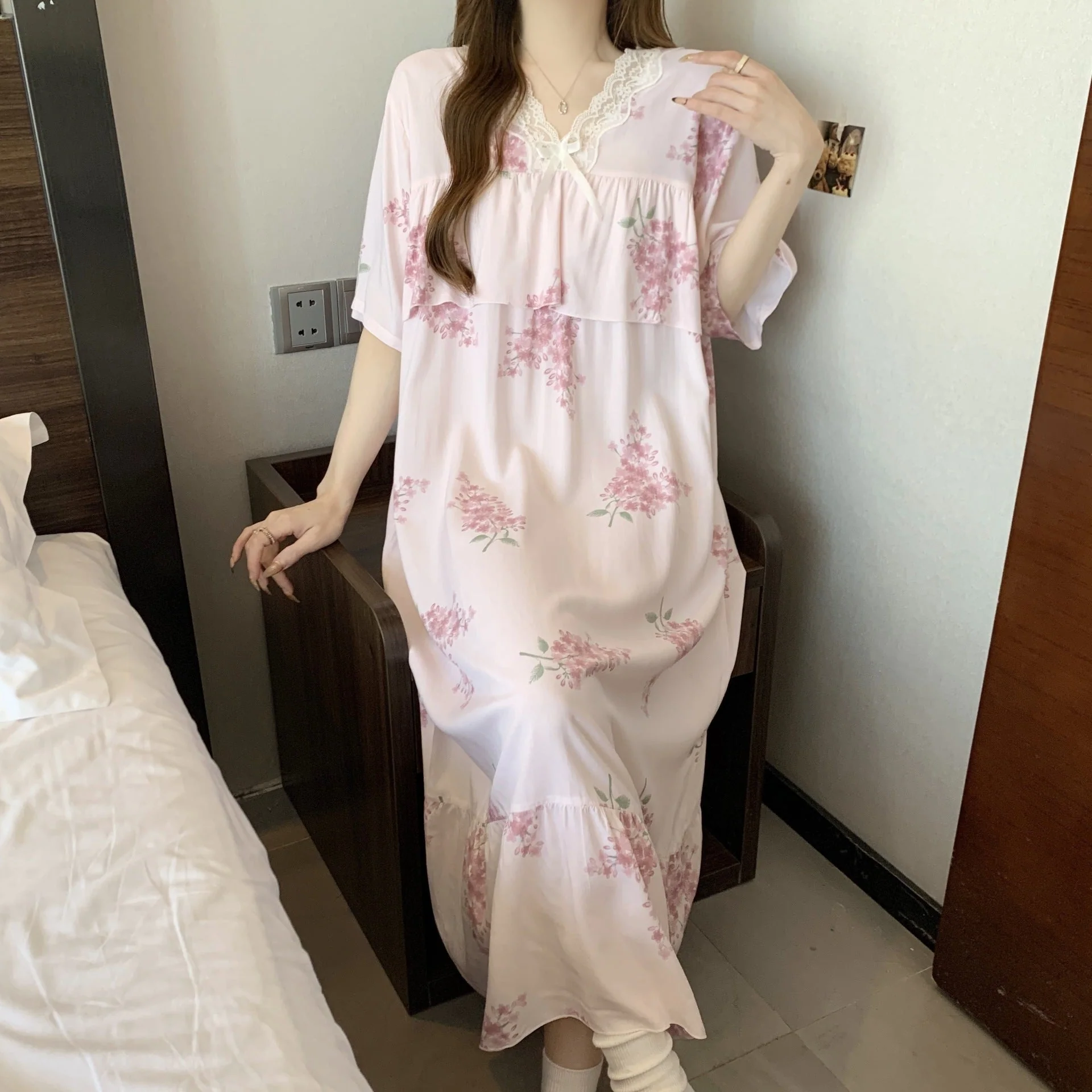 The Soft Breeze | Solid Color Cotton-Silk V-Neck Long Pajama Dress - Image 17