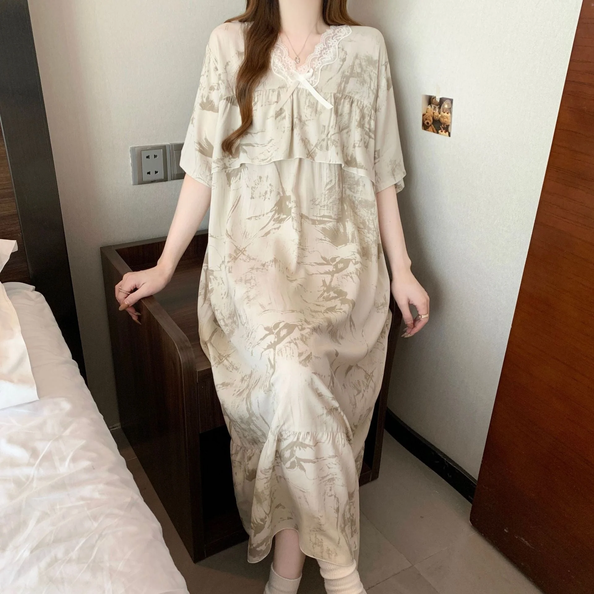 The Soft Breeze | Solid Color Cotton-Silk V-Neck Long Pajama Dress - Image 18