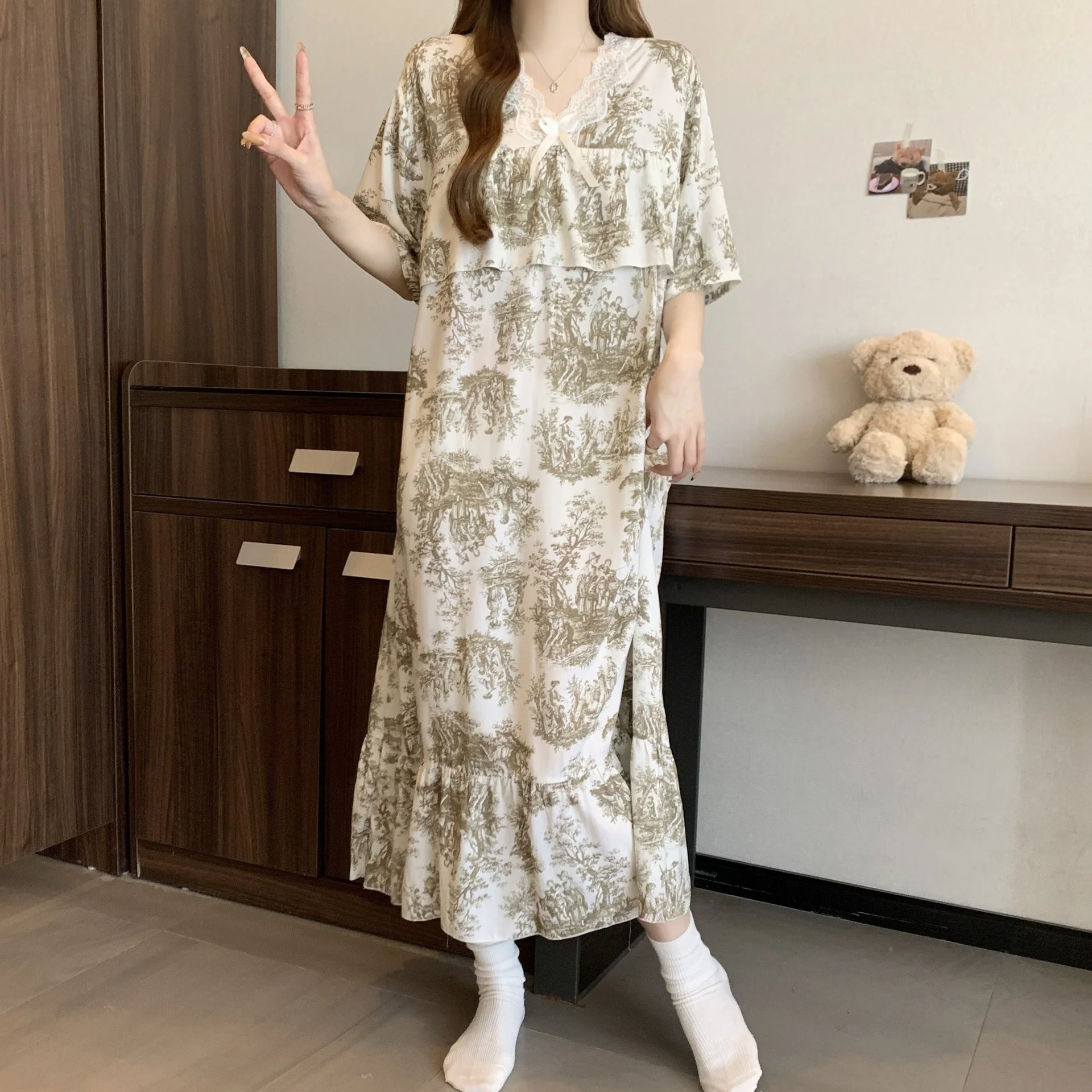 The Soft Breeze | Solid Color Cotton-Silk V-Neck Long Pajama Dress - Image 2