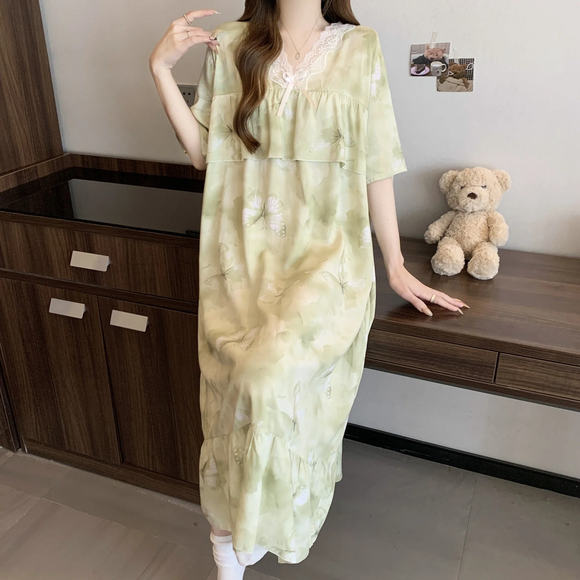 The Soft Breeze | Solid Color Cotton-Silk V-Neck Long Pajama Dress - Image 3