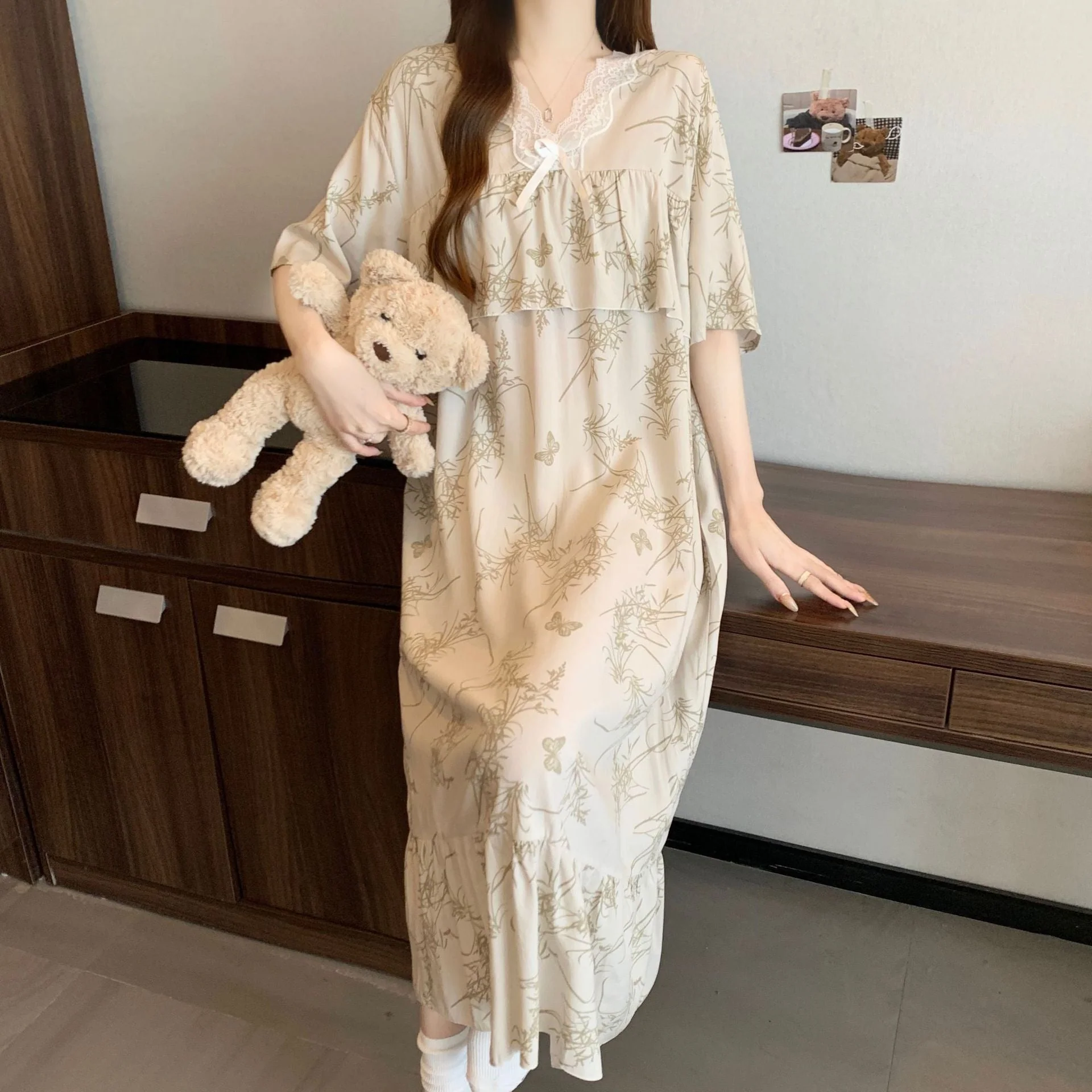 The Soft Breeze | Solid Color Cotton-Silk V-Neck Long Pajama Dress - Image 4