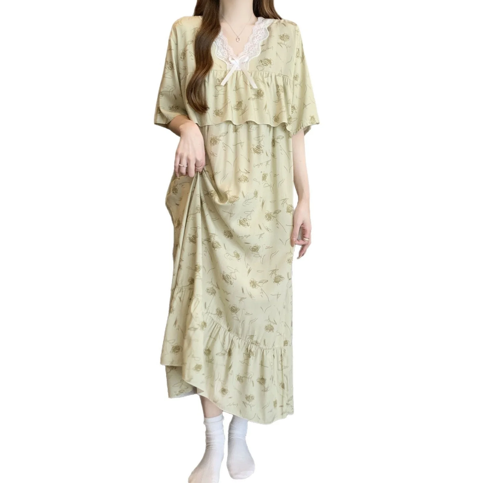 The Soft Breeze | Solid Color Cotton-Silk V-Neck Long Pajama Dress - Image 5