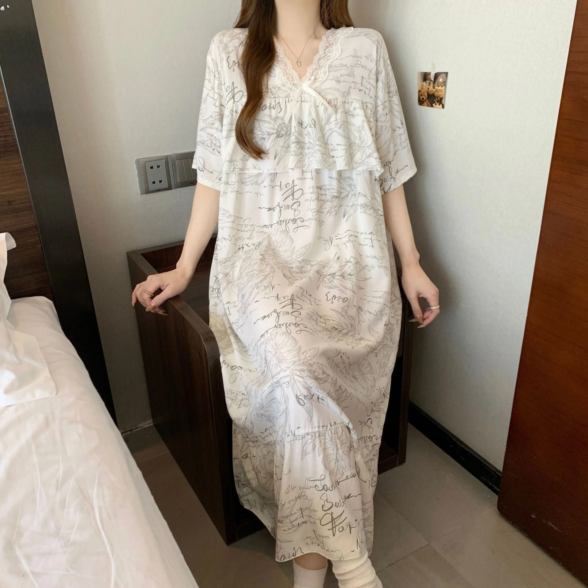 The Soft Breeze | Solid Color Cotton-Silk V-Neck Long Pajama Dress - Image 6