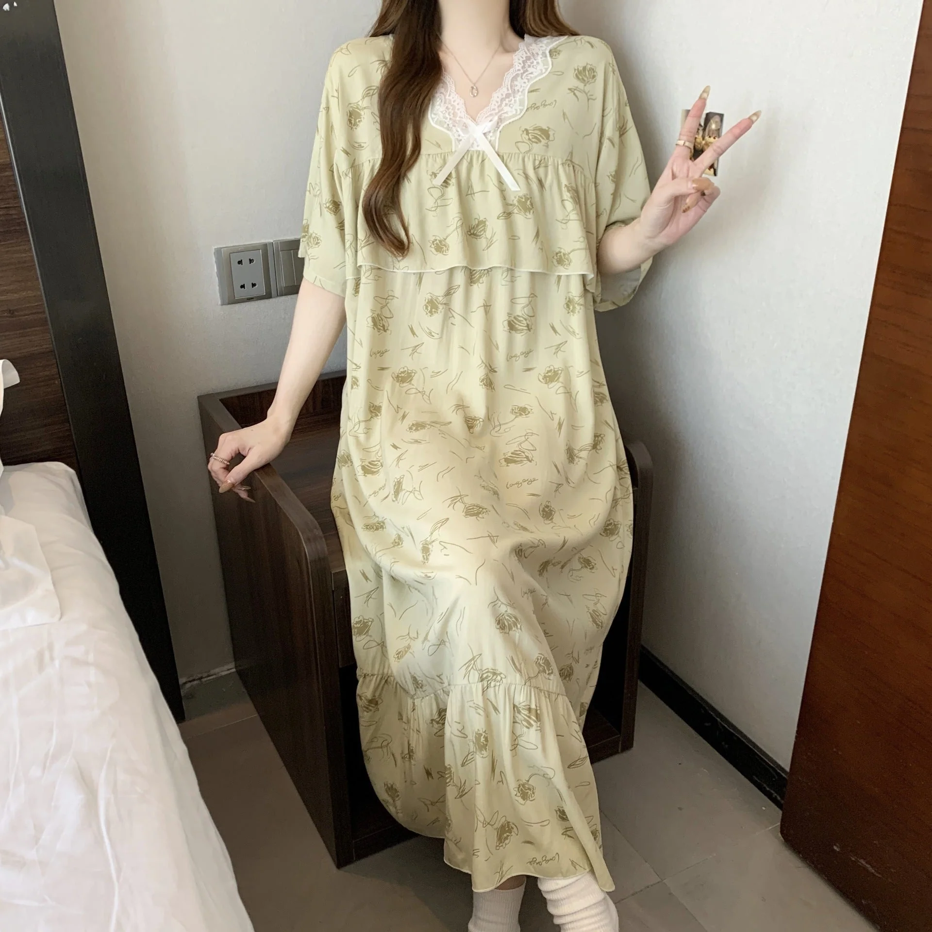 The Soft Breeze | Solid Color Cotton-Silk V-Neck Long Pajama Dress - Image 7