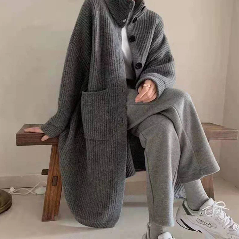 The Soft Drape | Solid Color Stand Collar Long Knitted Cardigan
