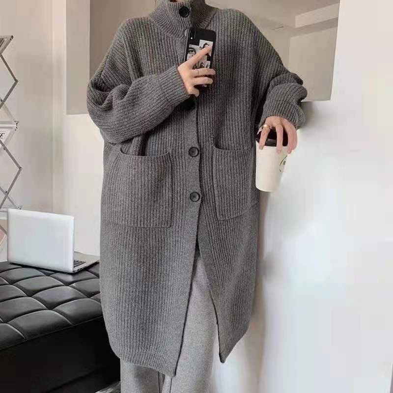 The Soft Drape | Solid Color Stand Collar Long Knitted Cardigan - Image 3