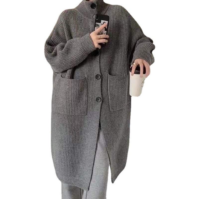 The Soft Drape | Solid Color Stand Collar Long Knitted Cardigan - Image 5