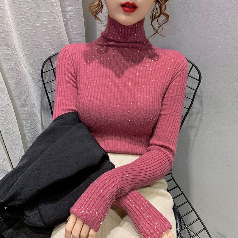 The Sparkling Refinement | Women's Thick High-Collar Pullover Sweater with Sequins FD - Image 12