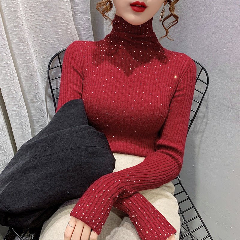 The Sparkling Refinement | Women's Thick High-Collar Pullover Sweater with Sequins FD - Image 2