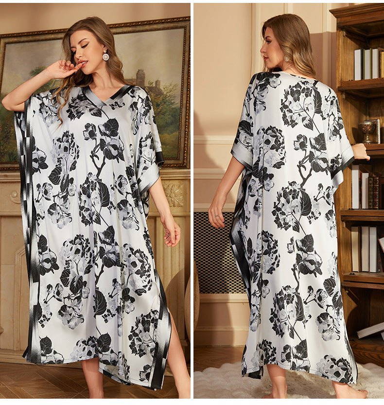 The Starlit Elegance | Women's Plus-Size Ice Silk Printed Long Nightgown & Robe - Image 6