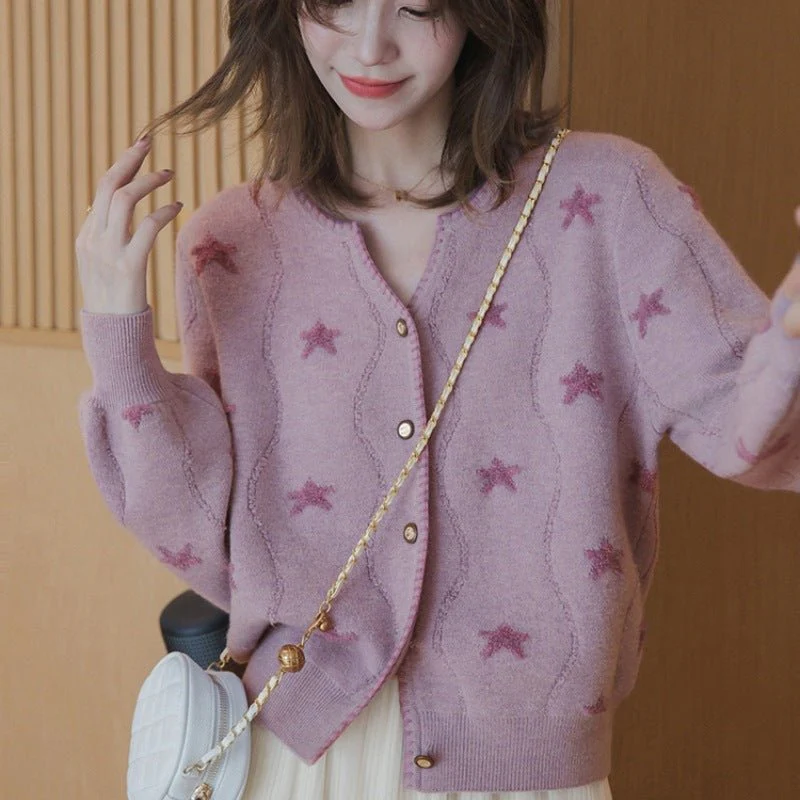 The Stellar Charm | V-Neck Star Pattern Knit Cardigan Sweater - Image 3