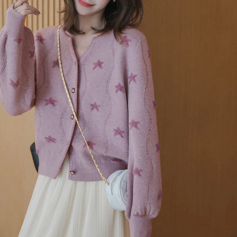 The Stellar Charm | V-Neck Star Pattern Knit Cardigan Sweater - Image 5