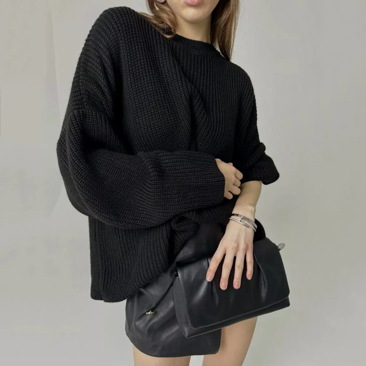 The Street Glow | Solid Color Hooded Lantern Sleeve Knit Sweater - Image 11