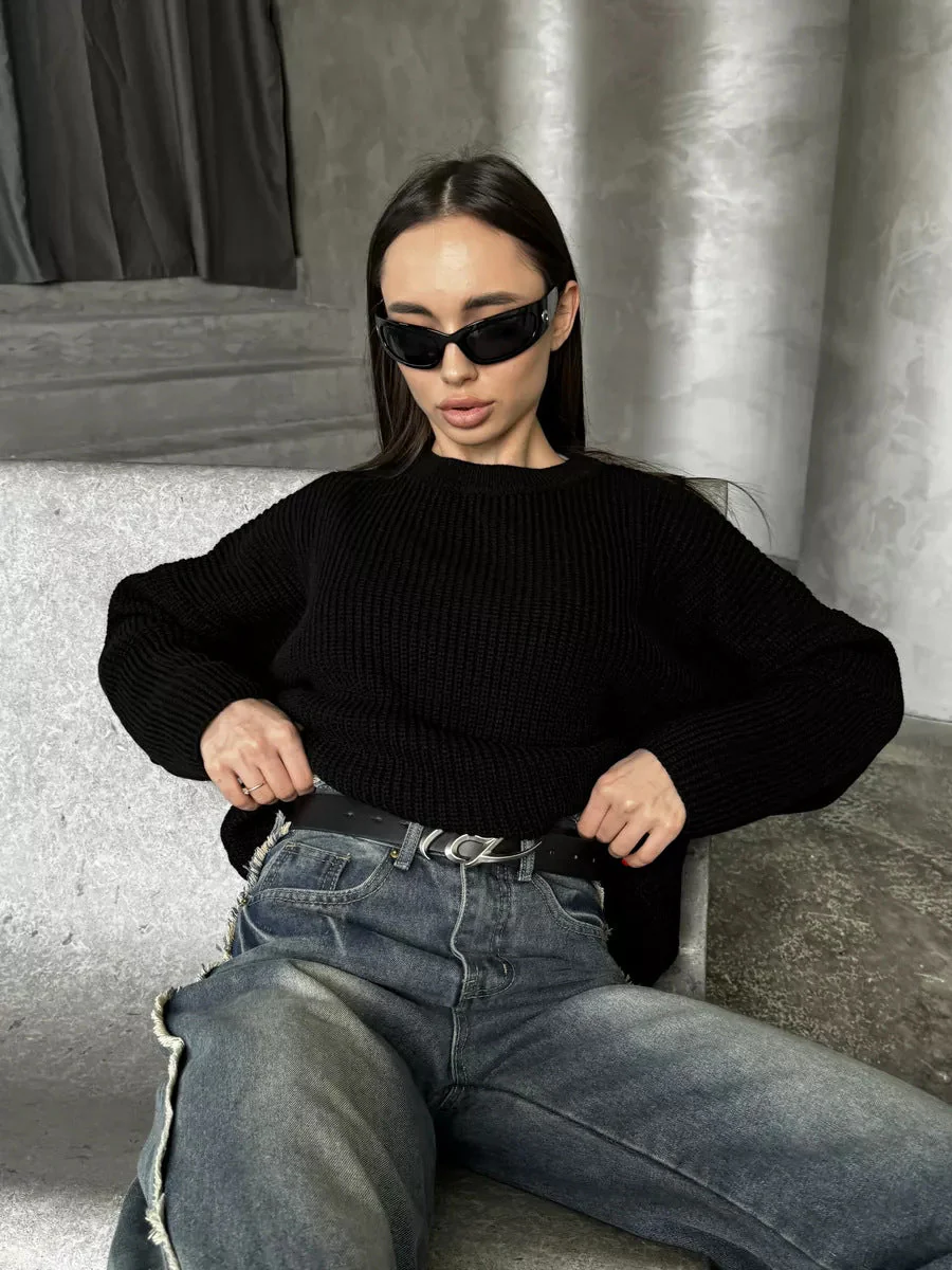 The Street Glow | Solid Color Hooded Lantern Sleeve Knit Sweater - Image 18