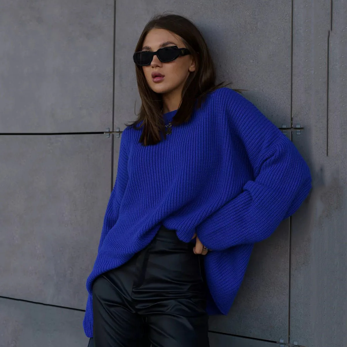 The Street Glow | Solid Color Hooded Lantern Sleeve Knit Sweater - Image 23