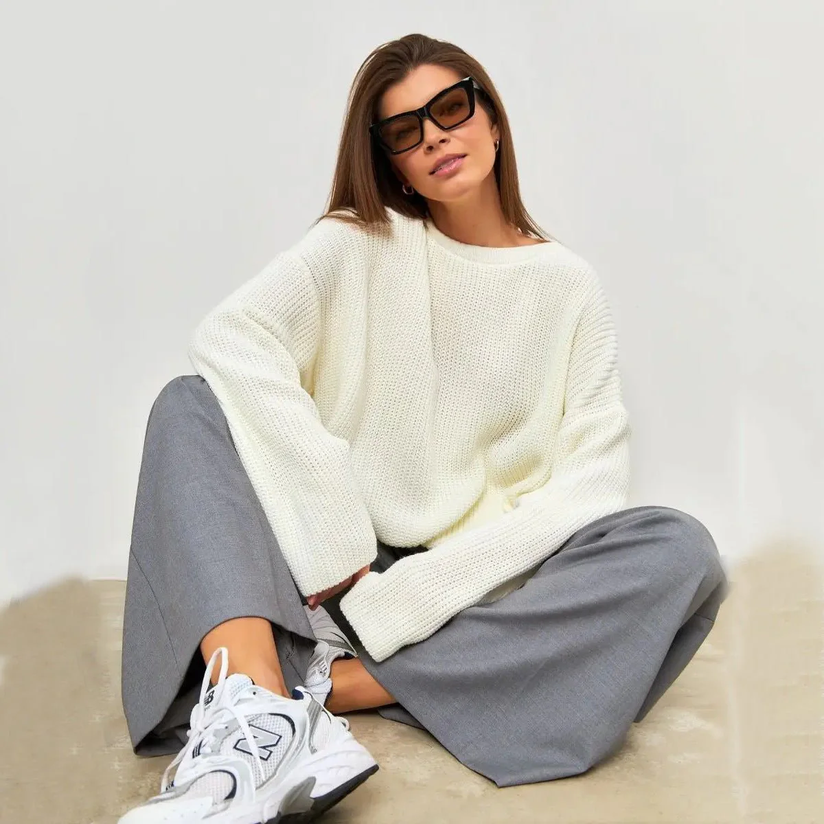 The Street Glow | Solid Color Hooded Lantern Sleeve Knit Sweater - Image 25