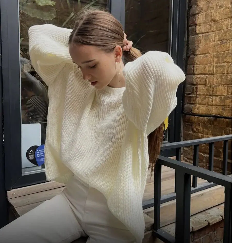 The Street Glow | Solid Color Hooded Lantern Sleeve Knit Sweater - Image 26