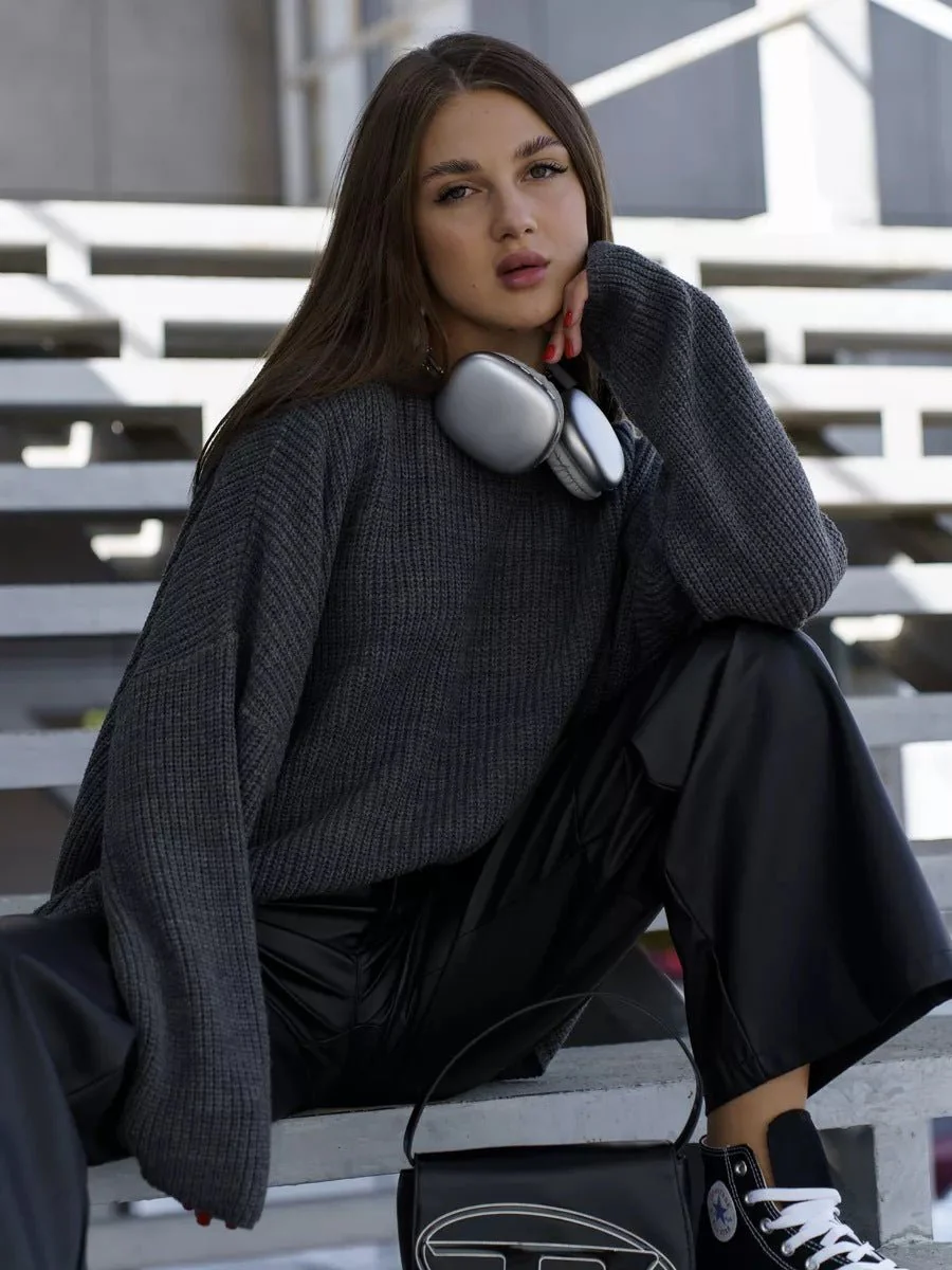 The Street Glow | Solid Color Hooded Lantern Sleeve Knit Sweater - Image 32