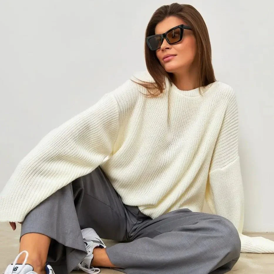 The Street Glow | Solid Color Hooded Lantern Sleeve Knit Sweater - Image 36