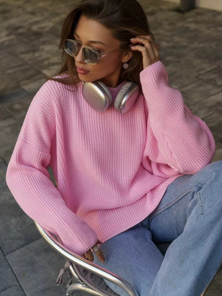The Street Glow | Solid Color Hooded Lantern Sleeve Knit Sweater - Image 39