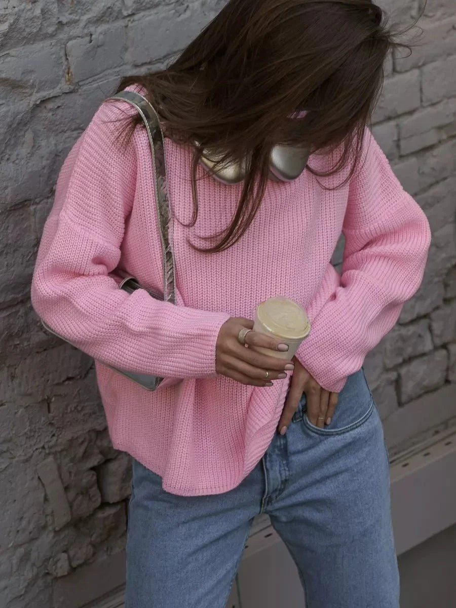The Street Glow | Solid Color Hooded Lantern Sleeve Knit Sweater - Image 5