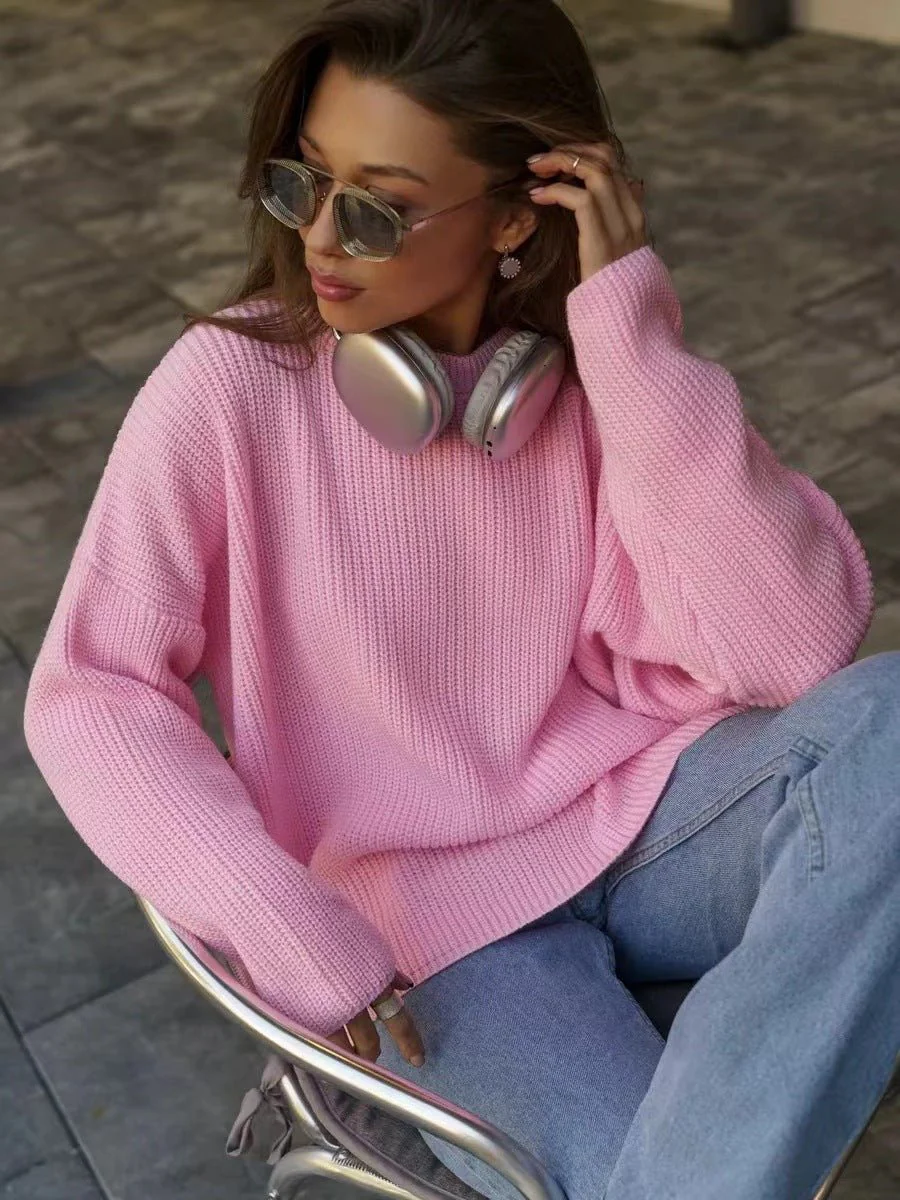 The Street Glow | Solid Color Hooded Lantern Sleeve Knit Sweater - Image 6