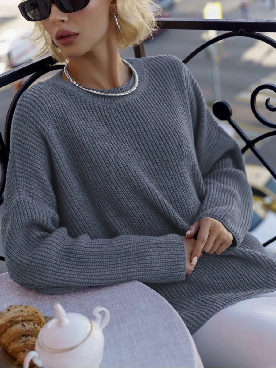 The Street Glow | Solid Color Hooded Lantern Sleeve Knit Sweater - Image 8