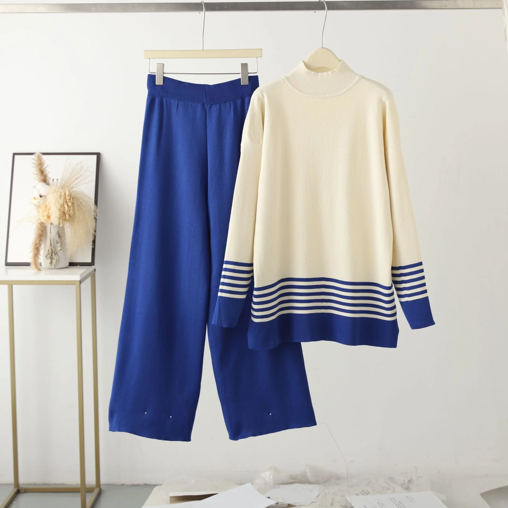 The Street Harmony | Women's Jacquard Knitted Long-Sleeve Top & Wide-Leg Pants Set
