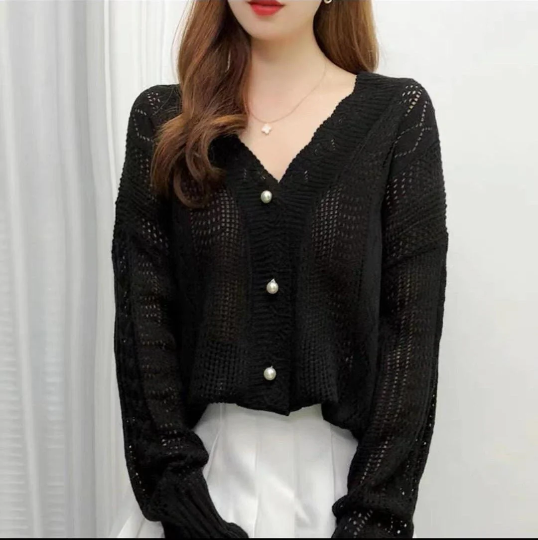 The Striped Breeze | Solid Color Striped V-Neck Knitted Cardigan - Image 8
