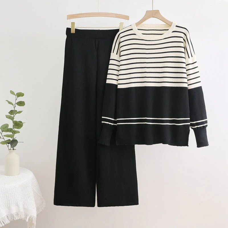 The Striped Cozy | Women's Knitted Crew Neck Long-Sleeve Two-Piece Pants Set