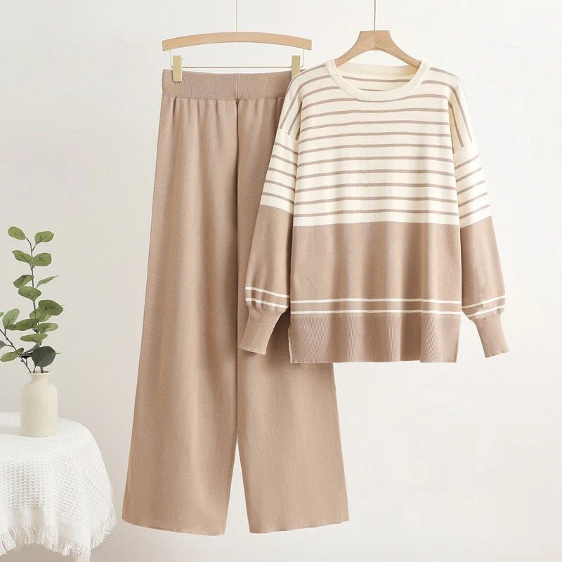 The Striped Cozy | Women's Knitted Crew Neck Long-Sleeve Two-Piece Pants Set - Image 6
