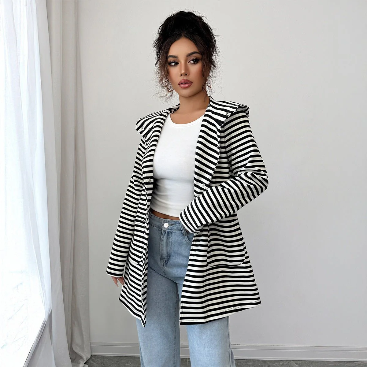 The Striped Grace | Solid Color Long Knitted Striped Cardigan - Image 2