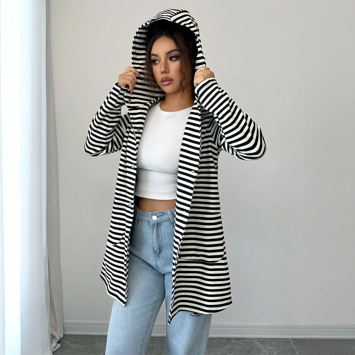 The Striped Grace | Solid Color Long Knitted Striped Cardigan - Image 3