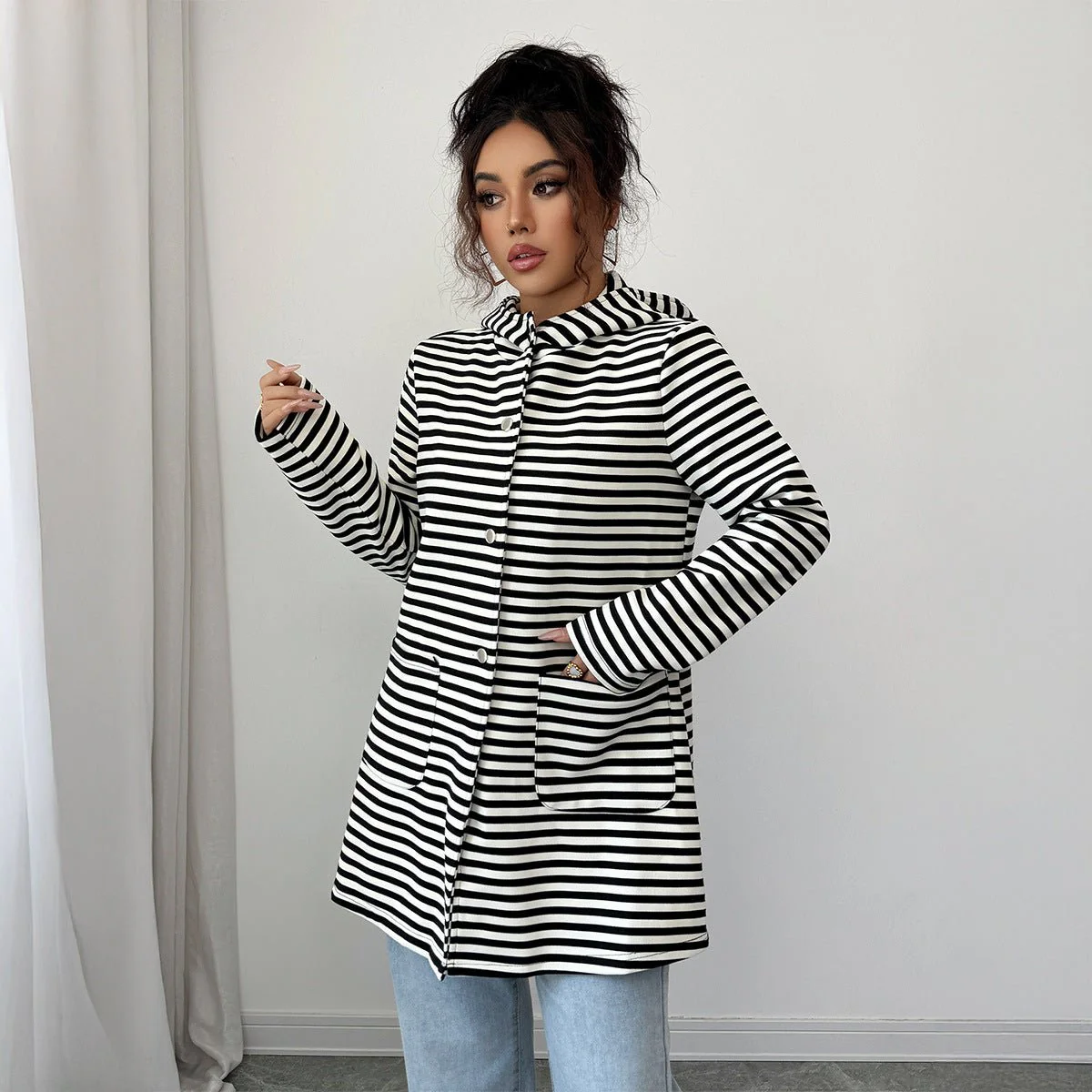 The Striped Grace | Solid Color Long Knitted Striped Cardigan - Image 4