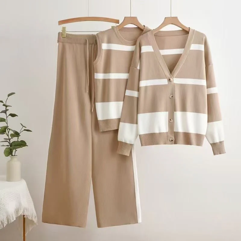 The Striped Harmony | Women's Striped Vest, Button Cardigan & Wide-Leg Pants Three-Piece Set - Image 2