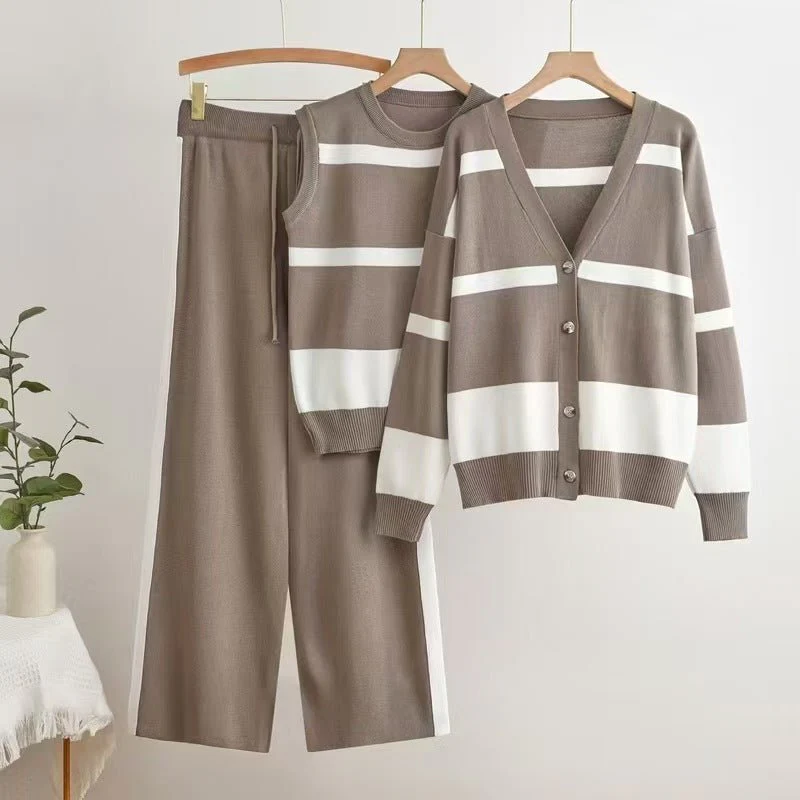 The Striped Harmony | Women's Striped Vest, Button Cardigan & Wide-Leg Pants Three-Piece Set FD - Image 3