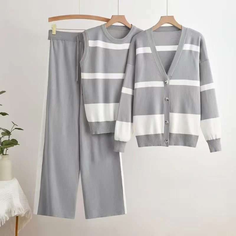 The Striped Harmony | Women's Striped Vest, Button Cardigan & Wide-Leg Pants Three-Piece Set FD - Image 4