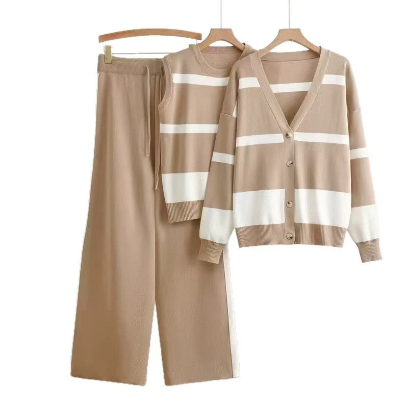 The Striped Harmony | Women's Striped Vest, Button Cardigan & Wide-Leg Pants Three-Piece Set FD - Image 5