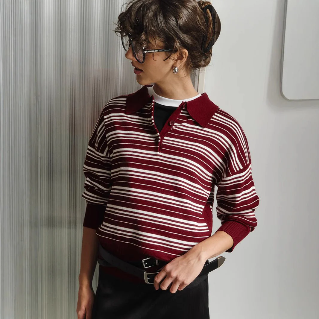 The Striped Lapel | Solid Striped Long-Sleeve Pullover Sweater - Image 2