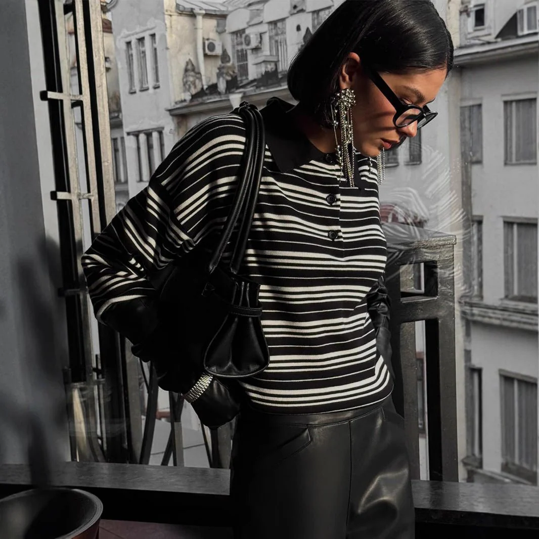 The Striped Lapel | Solid Striped Long-Sleeve Pullover Sweater - Image 4