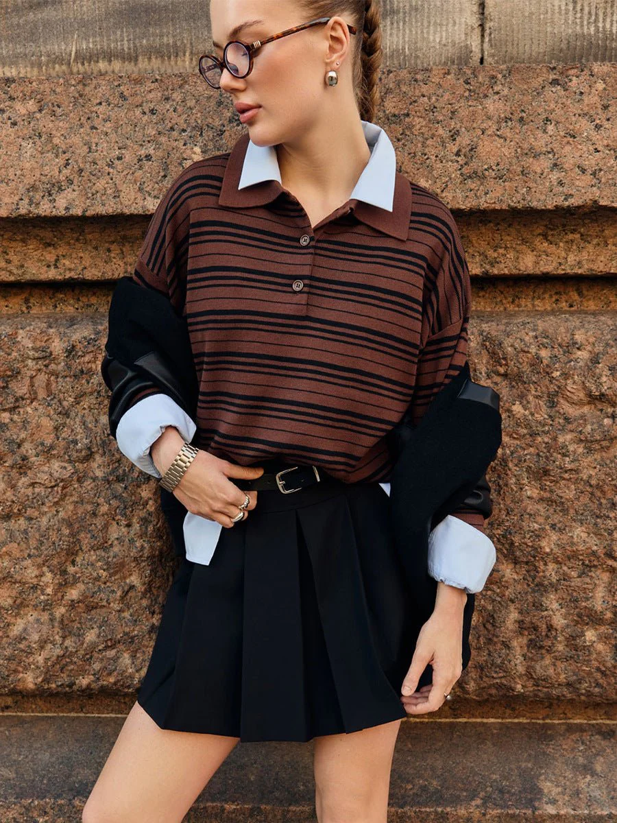 The Striped Lapel | Solid Striped Long-Sleeve Pullover Sweater - Image 8