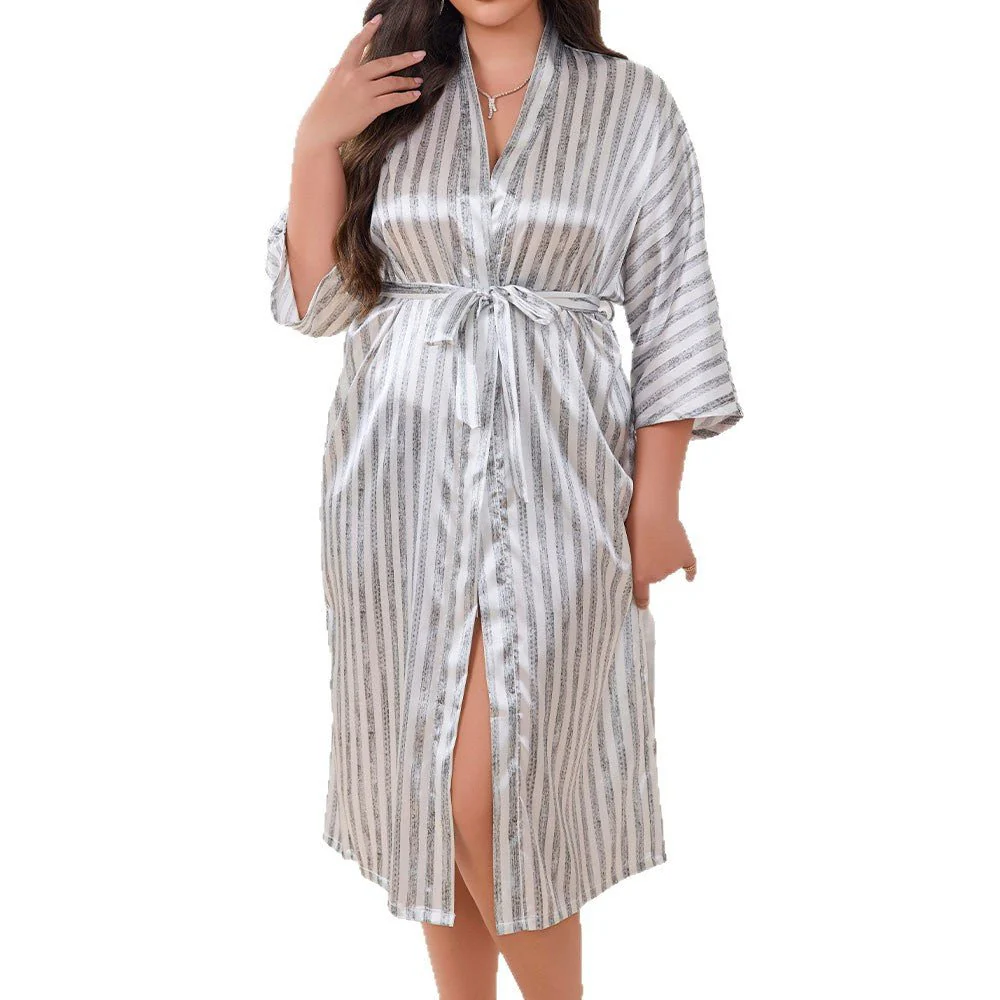The Striped Luxe | Women's Plus-Size Ice Silk Long Striped Nightgown & Bathrobe - Image 5