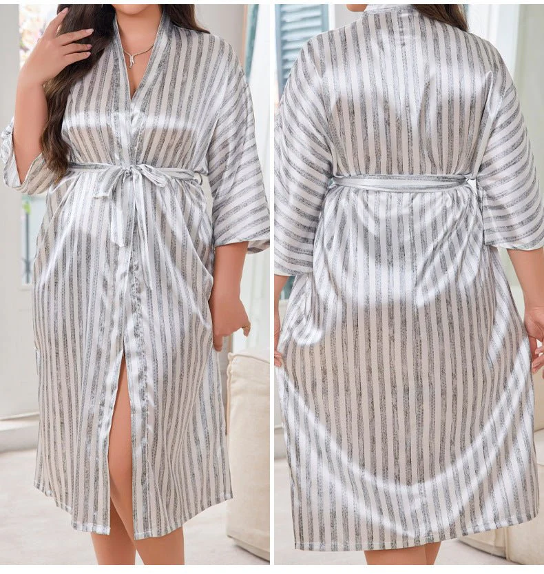 The Striped Luxe | Women's Plus-Size Ice Silk Long Striped Nightgown & Bathrobe - Image 6