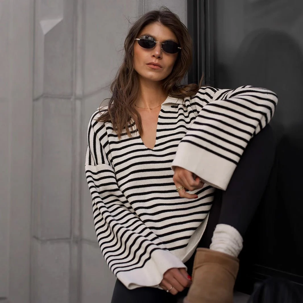 The Striped Polo | Solid Striped Long-Sleeve Knitted Pullover Sweater - Image 2