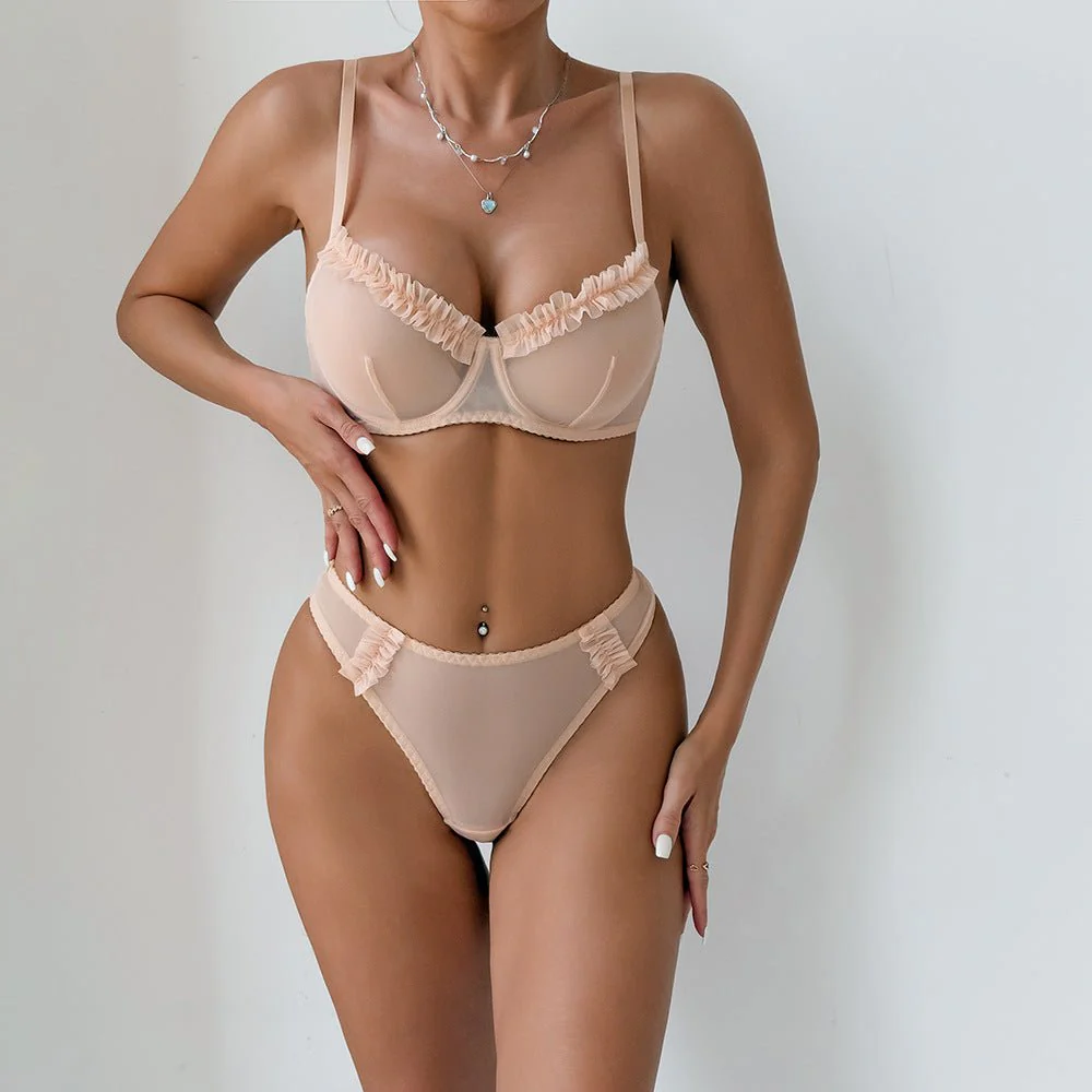 The Subtle Allure | Mesh Pleated Lace Steel Ring Gathered Bra Set FD - Image 17