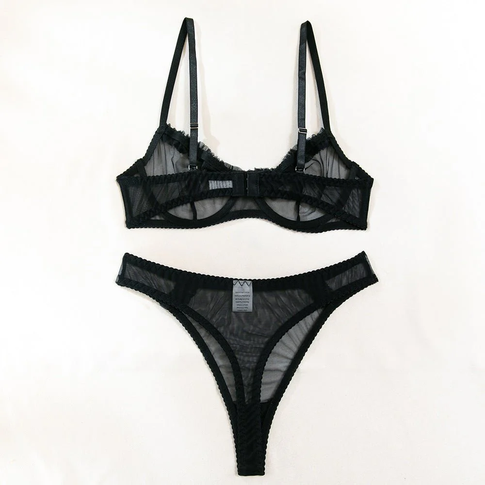 The Subtle Allure | Mesh Pleated Lace Steel Ring Gathered Bra Set FD - Image 33