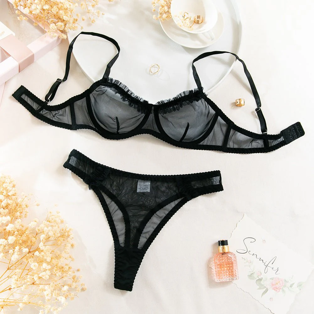 The Subtle Allure | Mesh Pleated Lace Steel Ring Gathered Bra Set FD - Image 6